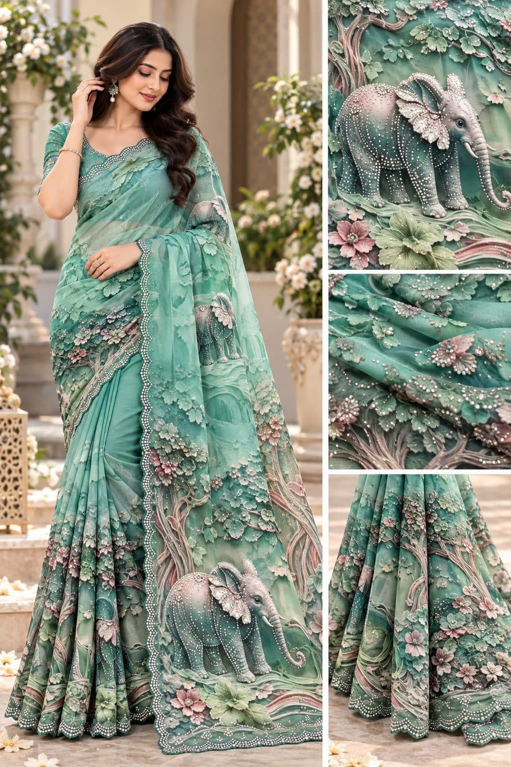 3D Elephant Print Saree with Swarovski work