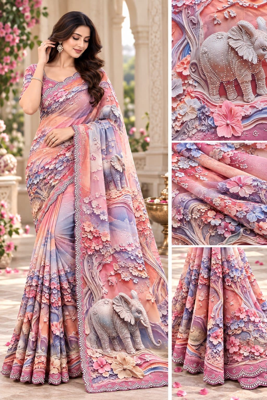 3D Elephant Print Saree with Swarovski work