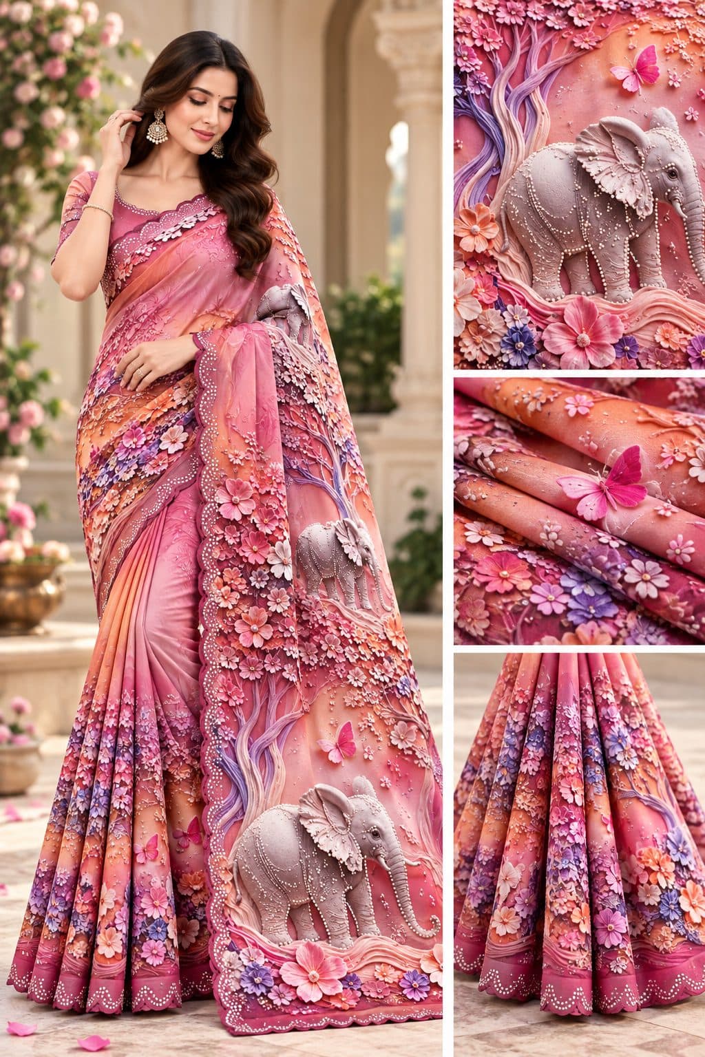 3D Elephant Print Saree with Swarovski work