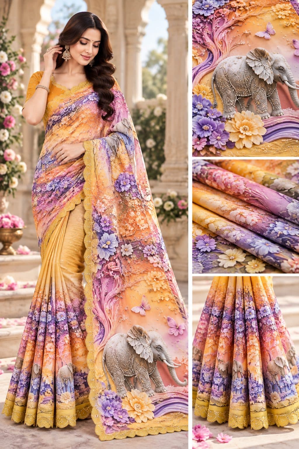 3D Elephant Print Saree with Swarovski work