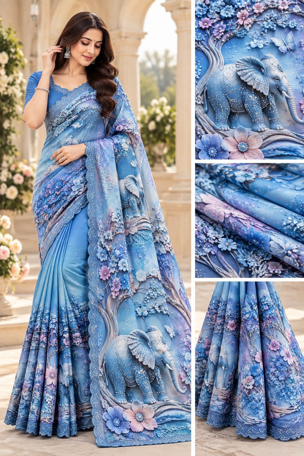 3D Elephant Print Saree with Swarovski work